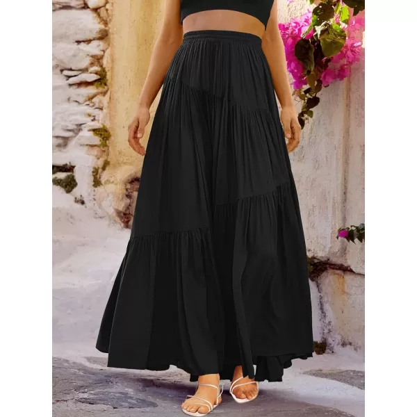 imageANRABESS Womens Boho Elastic High Waist Pleated ALine Flowy Swing Asymmetric Tiered Maxi Long Skirt Dress with PocketsBlack