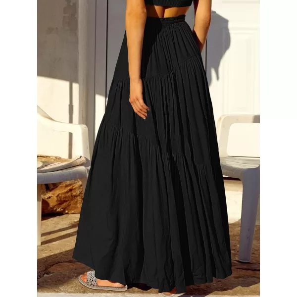 imageANRABESS Womens Boho Elastic High Waist Pleated ALine Flowy Swing Asymmetric Tiered Maxi Long Skirt Dress with PocketsBlack