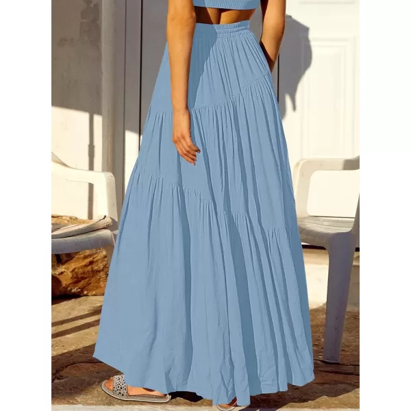 imageANRABESS Womens Boho Elastic High Waist Pleated ALine Flowy Swing Asymmetric Tiered Maxi Long Skirt Dress with PocketsBlue