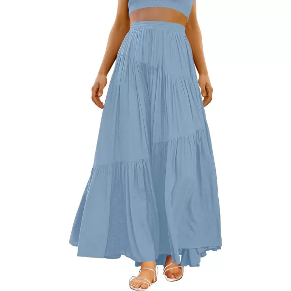 imageANRABESS Womens Boho Elastic High Waist Pleated ALine Flowy Swing Asymmetric Tiered Maxi Long Skirt Dress with PocketsBlue