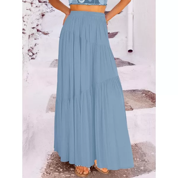 imageANRABESS Womens Boho Elastic High Waist Pleated ALine Flowy Swing Asymmetric Tiered Maxi Long Skirt Dress with PocketsBlue