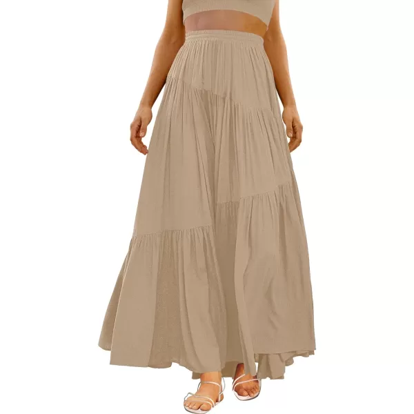 imageANRABESS Womens Boho Elastic High Waist Pleated ALine Flowy Swing Asymmetric Tiered Maxi Long Skirt Dress with PocketsBrown