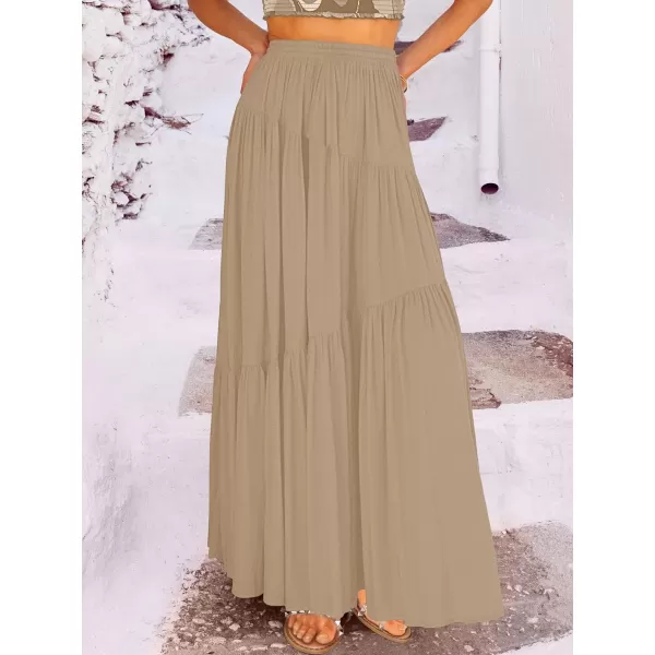 imageANRABESS Womens Boho Elastic High Waist Pleated ALine Flowy Swing Asymmetric Tiered Maxi Long Skirt Dress with PocketsBrown