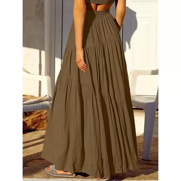 imageANRABESS Womens Boho Elastic High Waist Pleated ALine Flowy Swing Asymmetric Tiered Maxi Long Skirt Dress with PocketsCoffee