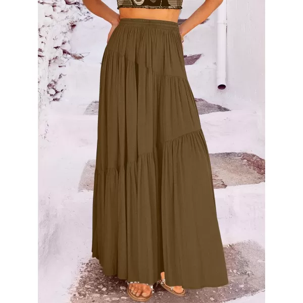 imageANRABESS Womens Boho Elastic High Waist Pleated ALine Flowy Swing Asymmetric Tiered Maxi Long Skirt Dress with PocketsCoffee