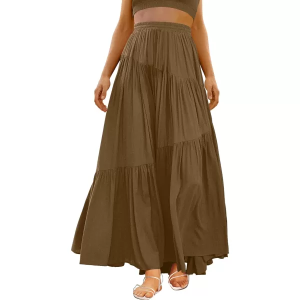 imageANRABESS Womens Boho Elastic High Waist Pleated ALine Flowy Swing Asymmetric Tiered Maxi Long Skirt Dress with PocketsCoffee