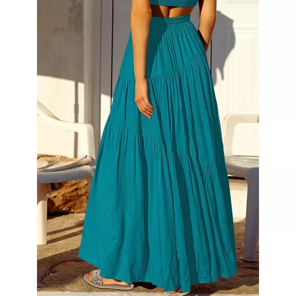 imageANRABESS Womens Boho Elastic High Waist Pleated ALine Flowy Swing Asymmetric Tiered Maxi Long Skirt Dress with PocketsCyan