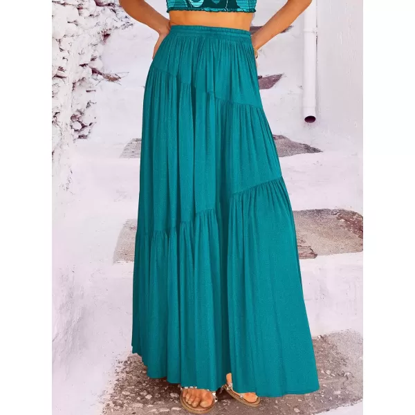 imageANRABESS Womens Boho Elastic High Waist Pleated ALine Flowy Swing Asymmetric Tiered Maxi Long Skirt Dress with PocketsCyan