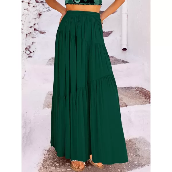 imageANRABESS Womens Boho Elastic High Waist Pleated ALine Flowy Swing Asymmetric Tiered Maxi Long Skirt Dress with PocketsDeep Green