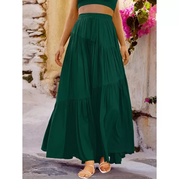 imageANRABESS Womens Boho Elastic High Waist Pleated ALine Flowy Swing Asymmetric Tiered Maxi Long Skirt Dress with PocketsDeep Green