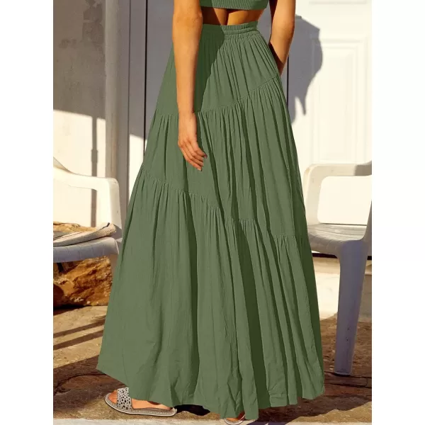 imageANRABESS Womens Boho Elastic High Waist Pleated ALine Flowy Swing Asymmetric Tiered Maxi Long Skirt Dress with PocketsGreen