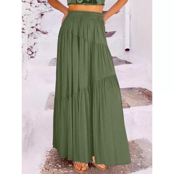 imageANRABESS Womens Boho Elastic High Waist Pleated ALine Flowy Swing Asymmetric Tiered Maxi Long Skirt Dress with PocketsGreen