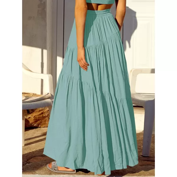 imageANRABESS Womens Boho Elastic High Waist Pleated ALine Flowy Swing Asymmetric Tiered Maxi Long Skirt Dress with PocketsLight Green