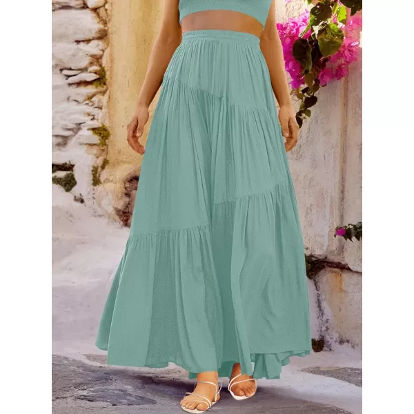 imageANRABESS Womens Boho Elastic High Waist Pleated ALine Flowy Swing Asymmetric Tiered Maxi Long Skirt Dress with PocketsLight Green