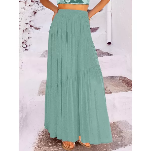 imageANRABESS Womens Boho Elastic High Waist Pleated ALine Flowy Swing Asymmetric Tiered Maxi Long Skirt Dress with PocketsLight Green
