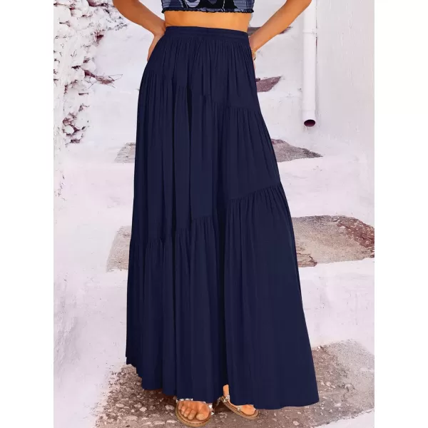 imageANRABESS Womens Boho Elastic High Waist Pleated ALine Flowy Swing Asymmetric Tiered Maxi Long Skirt Dress with PocketsNavy Blue