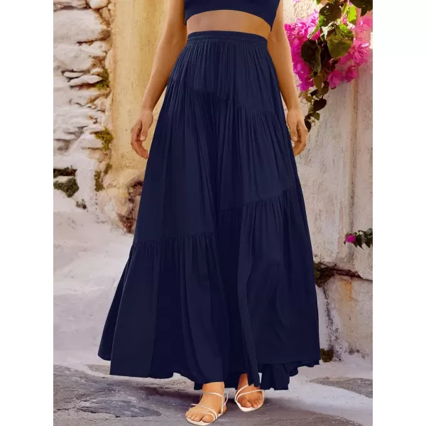 imageANRABESS Womens Boho Elastic High Waist Pleated ALine Flowy Swing Asymmetric Tiered Maxi Long Skirt Dress with PocketsNavy Blue