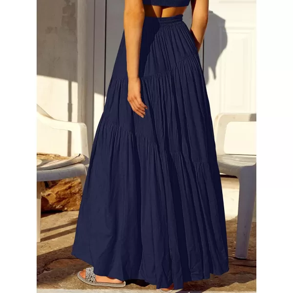 imageANRABESS Womens Boho Elastic High Waist Pleated ALine Flowy Swing Asymmetric Tiered Maxi Long Skirt Dress with PocketsNavy Blue