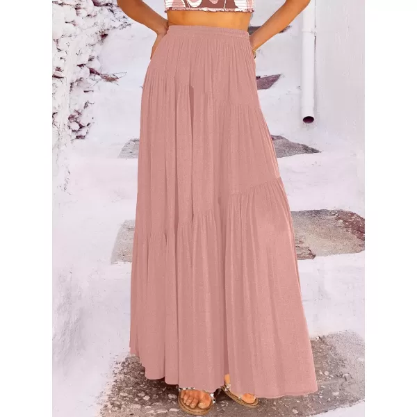imageANRABESS Womens Boho Elastic High Waist Pleated ALine Flowy Swing Asymmetric Tiered Maxi Long Skirt Dress with PocketsPink