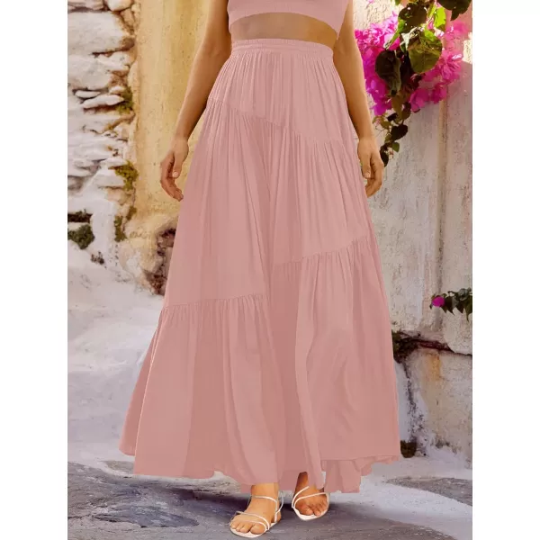 imageANRABESS Womens Boho Elastic High Waist Pleated ALine Flowy Swing Asymmetric Tiered Maxi Long Skirt Dress with PocketsPink