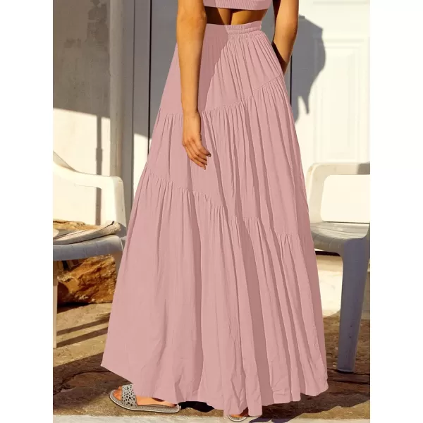 imageANRABESS Womens Boho Elastic High Waist Pleated ALine Flowy Swing Asymmetric Tiered Maxi Long Skirt Dress with PocketsPink