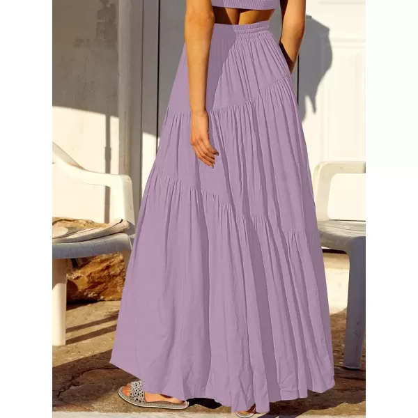 imageANRABESS Womens Boho Elastic High Waist Pleated ALine Flowy Swing Asymmetric Tiered Maxi Long Skirt Dress with PocketsPurple