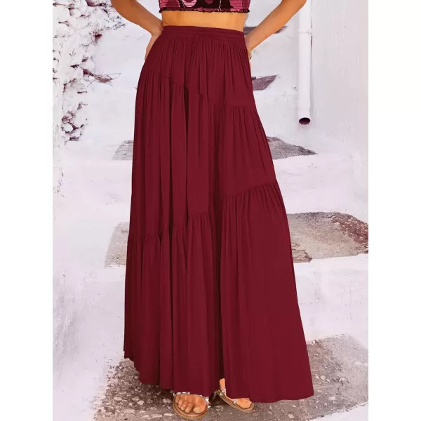imageANRABESS Womens Boho Elastic High Waist Pleated ALine Flowy Swing Asymmetric Tiered Maxi Long Skirt Dress with PocketsRed