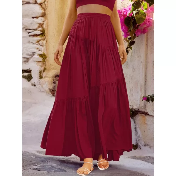 imageANRABESS Womens Boho Elastic High Waist Pleated ALine Flowy Swing Asymmetric Tiered Maxi Long Skirt Dress with PocketsRed
