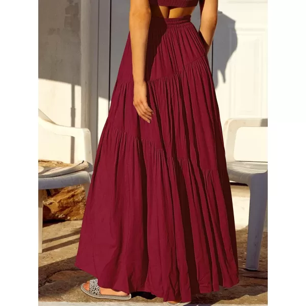 imageANRABESS Womens Boho Elastic High Waist Pleated ALine Flowy Swing Asymmetric Tiered Maxi Long Skirt Dress with PocketsRed