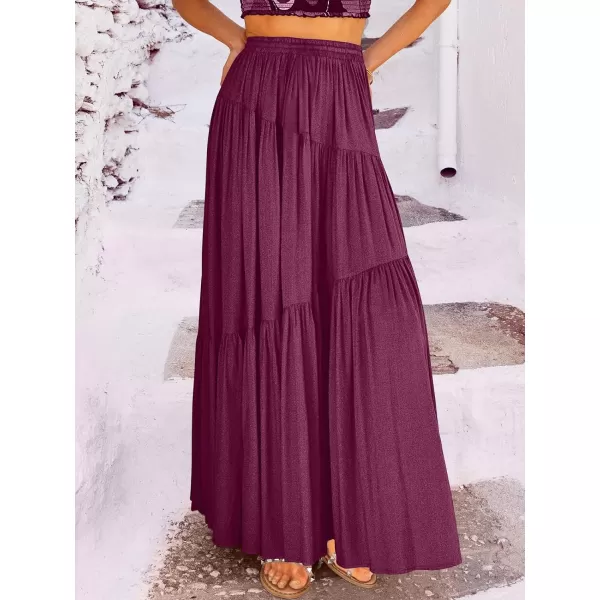 imageANRABESS Womens Boho Elastic High Waist Pleated ALine Flowy Swing Asymmetric Tiered Maxi Long Skirt Dress with PocketsRose