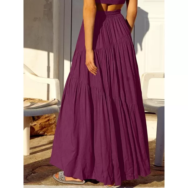 imageANRABESS Womens Boho Elastic High Waist Pleated ALine Flowy Swing Asymmetric Tiered Maxi Long Skirt Dress with PocketsRose