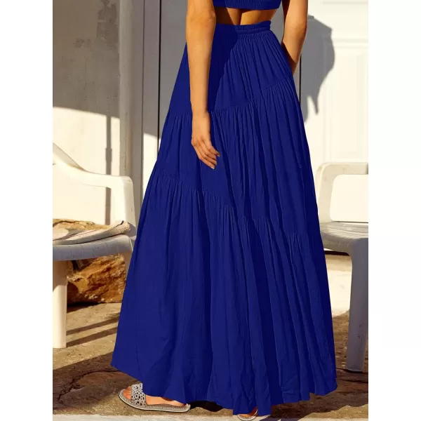 imageANRABESS Womens Boho Elastic High Waist Pleated ALine Flowy Swing Asymmetric Tiered Maxi Long Skirt Dress with PocketsRoyal Blue