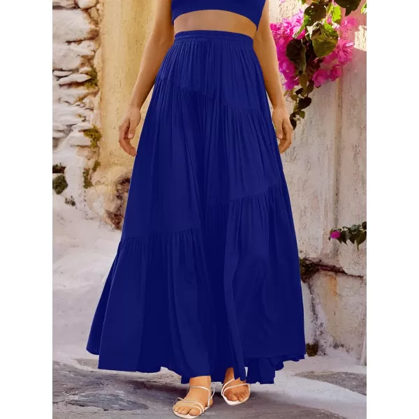 imageANRABESS Womens Boho Elastic High Waist Pleated ALine Flowy Swing Asymmetric Tiered Maxi Long Skirt Dress with PocketsRoyal Blue