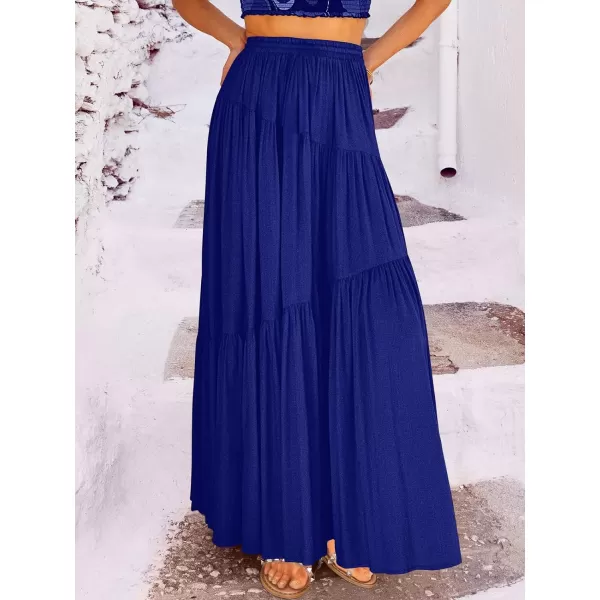 imageANRABESS Womens Boho Elastic High Waist Pleated ALine Flowy Swing Asymmetric Tiered Maxi Long Skirt Dress with PocketsRoyal Blue