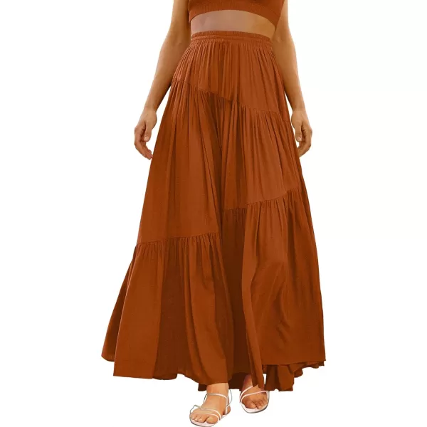 imageANRABESS Womens Boho Elastic High Waist Pleated ALine Flowy Swing Asymmetric Tiered Maxi Long Skirt Dress with PocketsRust
