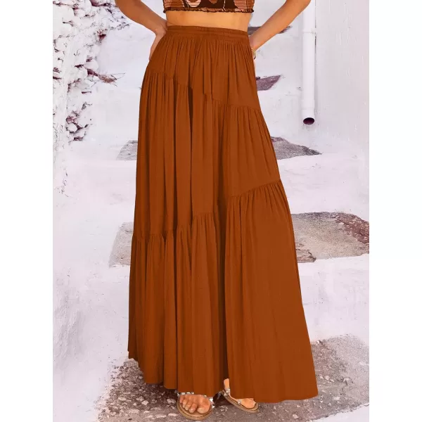 imageANRABESS Womens Boho Elastic High Waist Pleated ALine Flowy Swing Asymmetric Tiered Maxi Long Skirt Dress with PocketsRust