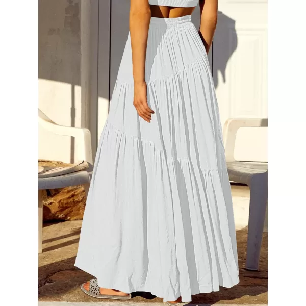 imageANRABESS Womens Boho Elastic High Waist Pleated ALine Flowy Swing Asymmetric Tiered Maxi Long Skirt Dress with PocketsWhite