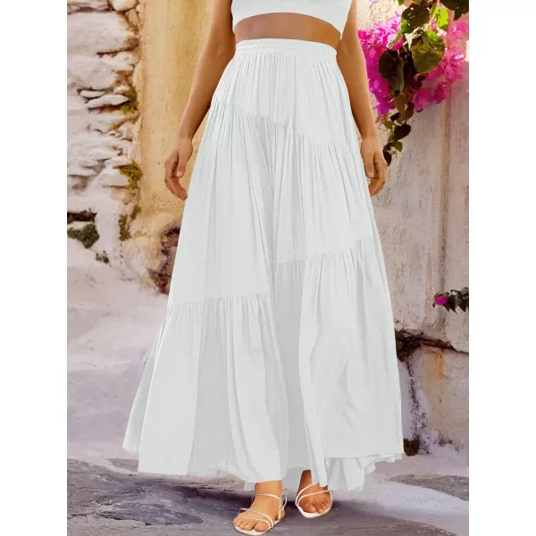 imageANRABESS Womens Boho Elastic High Waist Pleated ALine Flowy Swing Asymmetric Tiered Maxi Long Skirt Dress with PocketsWhite