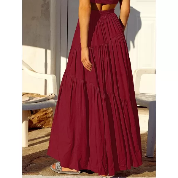 imageANRABESS Womens Boho Elastic High Waist Pleated ALine Flowy Swing Asymmetric Tiered Maxi Long Skirt Dress with PocketsWine Red