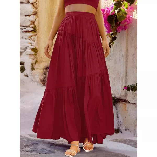 imageANRABESS Womens Boho Elastic High Waist Pleated ALine Flowy Swing Asymmetric Tiered Maxi Long Skirt Dress with PocketsWine Red