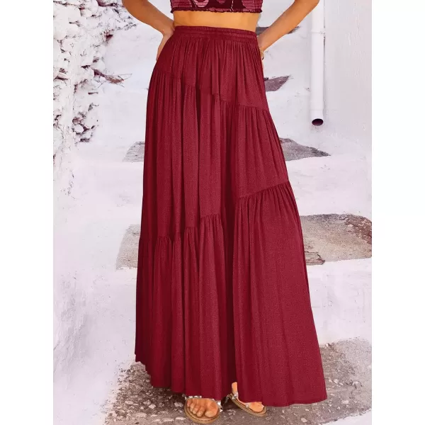 imageANRABESS Womens Boho Elastic High Waist Pleated ALine Flowy Swing Asymmetric Tiered Maxi Long Skirt Dress with PocketsWine Red