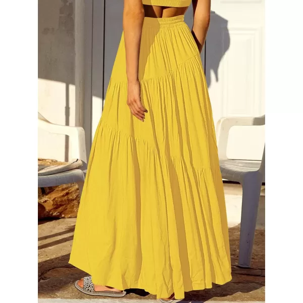 imageANRABESS Womens Boho Elastic High Waist Pleated ALine Flowy Swing Asymmetric Tiered Maxi Long Skirt Dress with PocketsYellow