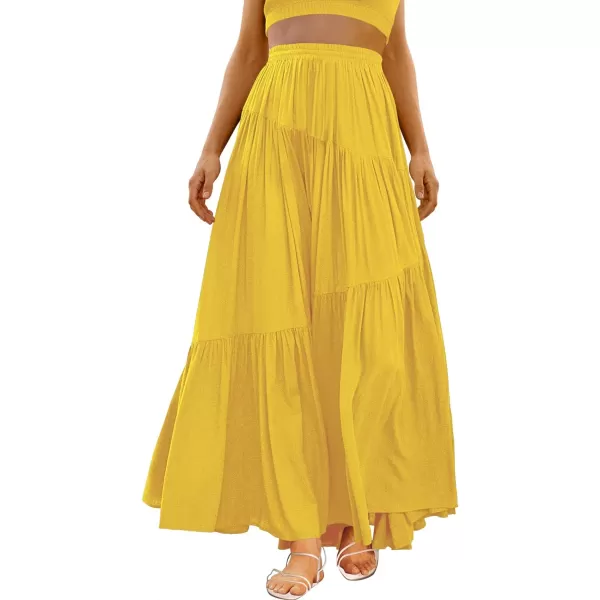 imageANRABESS Womens Boho Elastic High Waist Pleated ALine Flowy Swing Asymmetric Tiered Maxi Long Skirt Dress with PocketsYellow