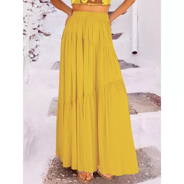 imageANRABESS Womens Boho Elastic High Waist Pleated ALine Flowy Swing Asymmetric Tiered Maxi Long Skirt Dress with PocketsYellow