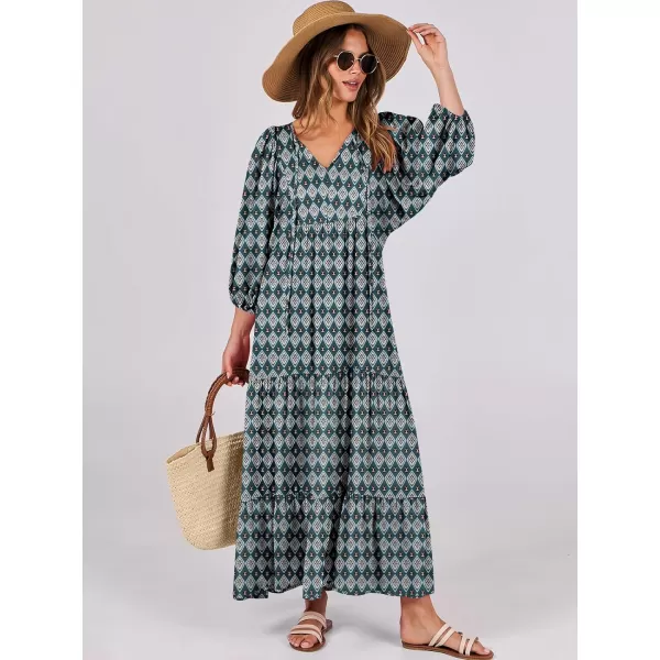 imageANRABESS Womens Boho Maxi Dresses 2024 Summer V Neck Puff Sleeve Casual Flowy Swing ALine Long Beach DressDark Green
