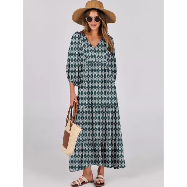 imageANRABESS Womens Boho Maxi Dresses 2024 Summer V Neck Puff Sleeve Casual Flowy Swing ALine Long Beach DressDark Green