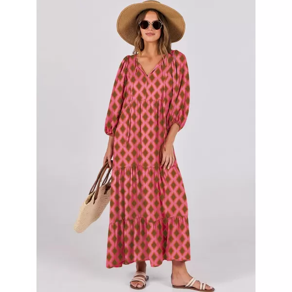 imageANRABESS Womens Boho Maxi Dresses 2024 Summer V Neck Puff Sleeve Casual Flowy Swing ALine Long Beach DressPink