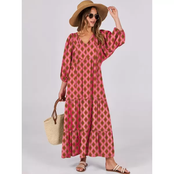 imageANRABESS Womens Boho Maxi Dresses 2024 Summer V Neck Puff Sleeve Casual Flowy Swing ALine Long Beach DressPink