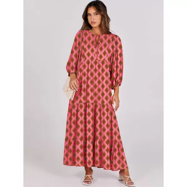 imageANRABESS Womens Boho Maxi Dresses 2024 Summer V Neck Puff Sleeve Casual Flowy Swing ALine Long Beach DressPink