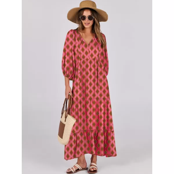 imageANRABESS Womens Boho Maxi Dresses 2024 Summer V Neck Puff Sleeve Casual Flowy Swing ALine Long Beach DressPink